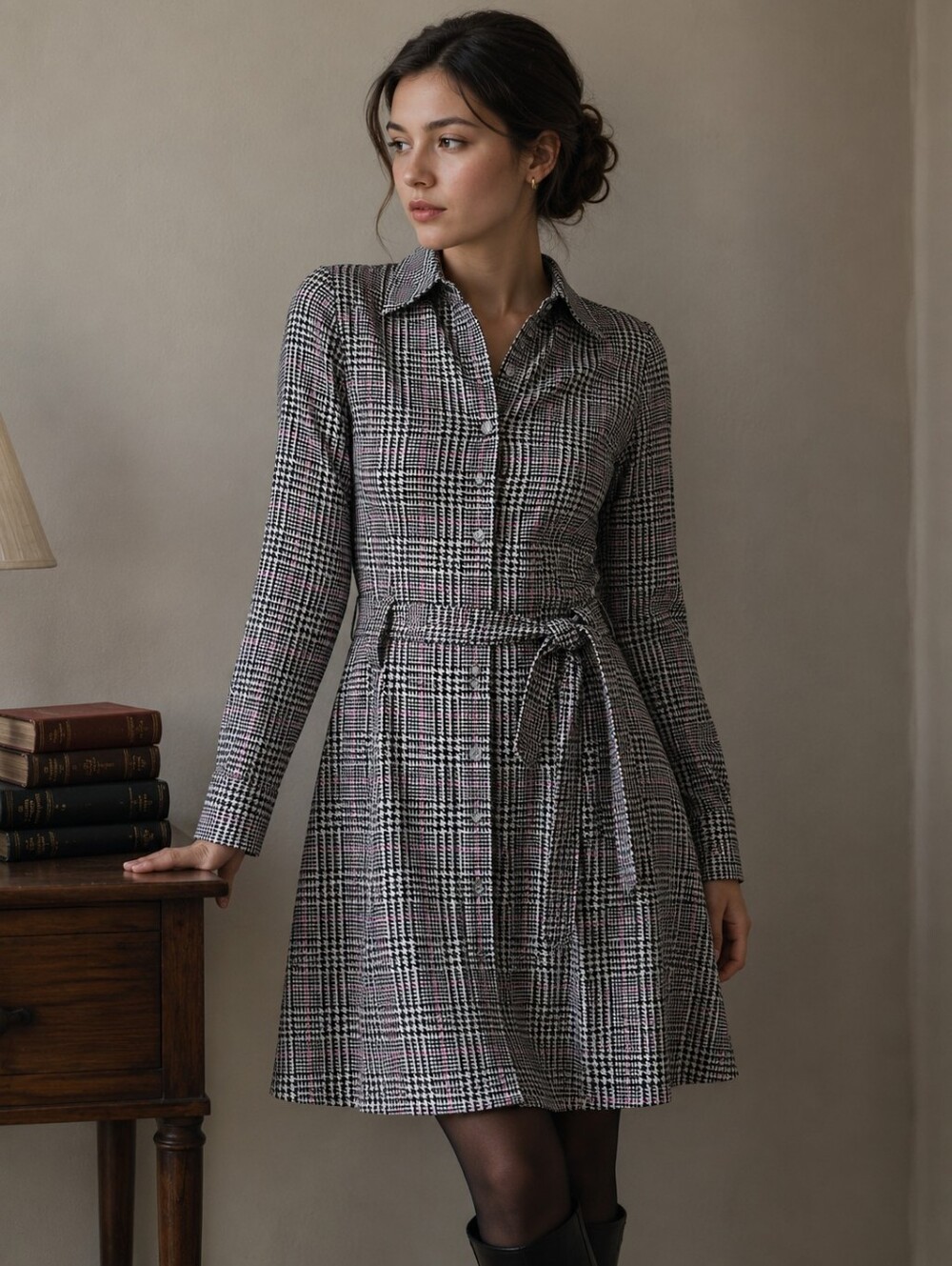Dark Academia Quiet Luxury Minimalist Houndstooth Shirt Dress with Waist Belt